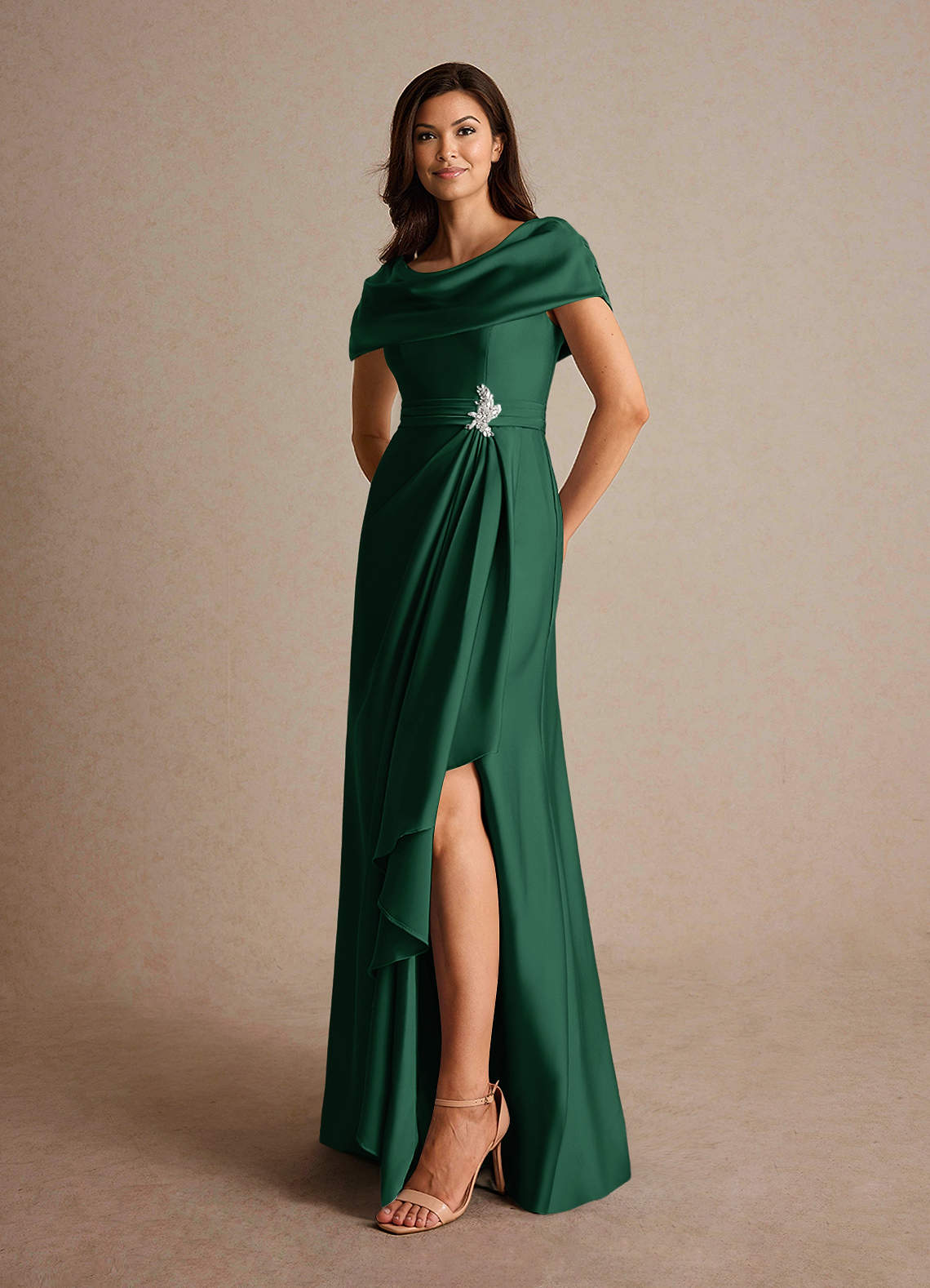Azazie Branford Dark Green A-Line Pleated Stretch Satin Dress