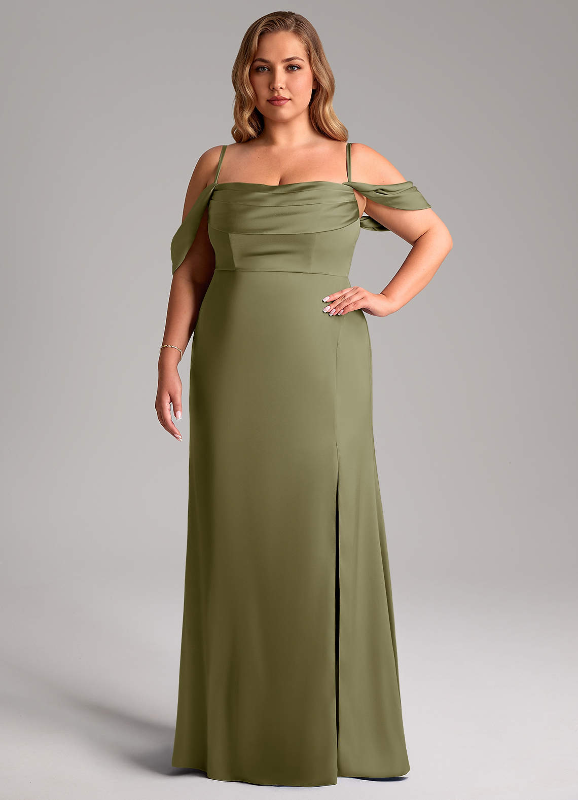 Azazie Saige Bridesmaid Dresses Pistachio Sheath Off the Shoulder Stretch Satin Dress image14