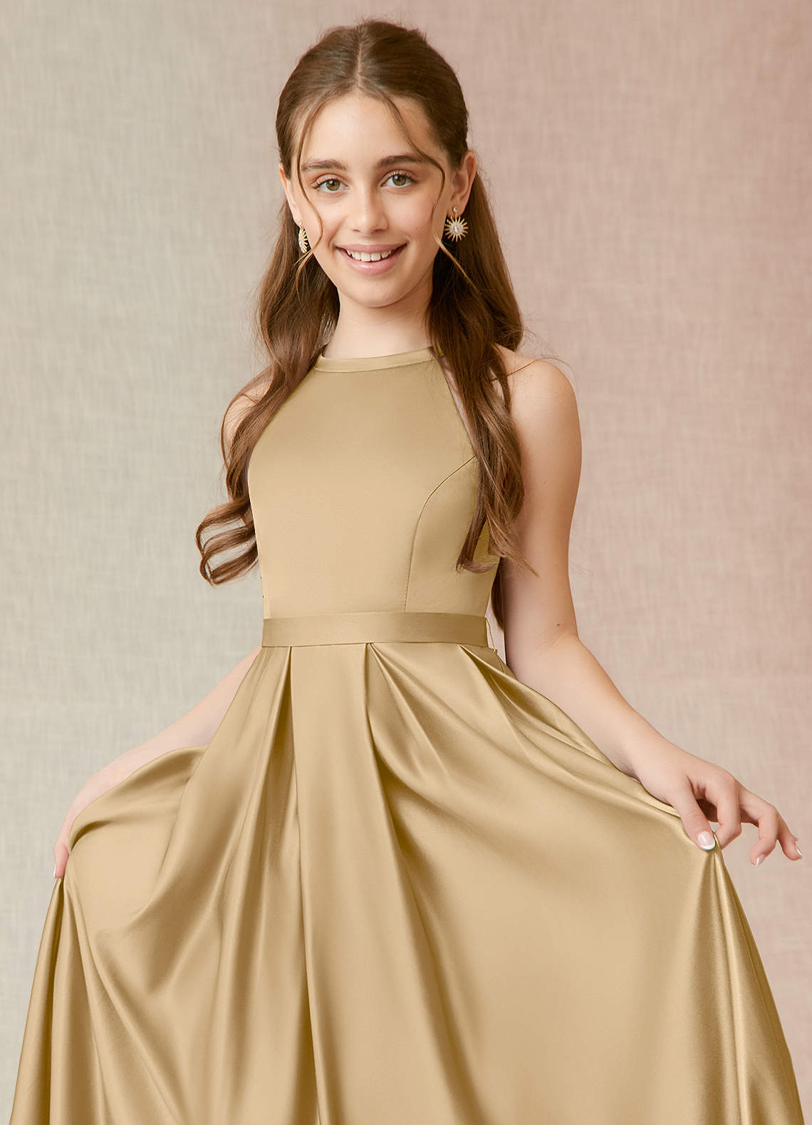 matte satin gold bridesmaid dresses Matte Satin Off-the-Shoulder Sheath Dress