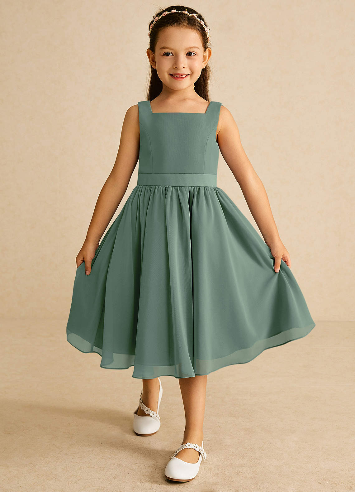Azazie Ari Flower Girl Dresses Eucalyptus A-Line Sleeveless Chiffon Dress image1