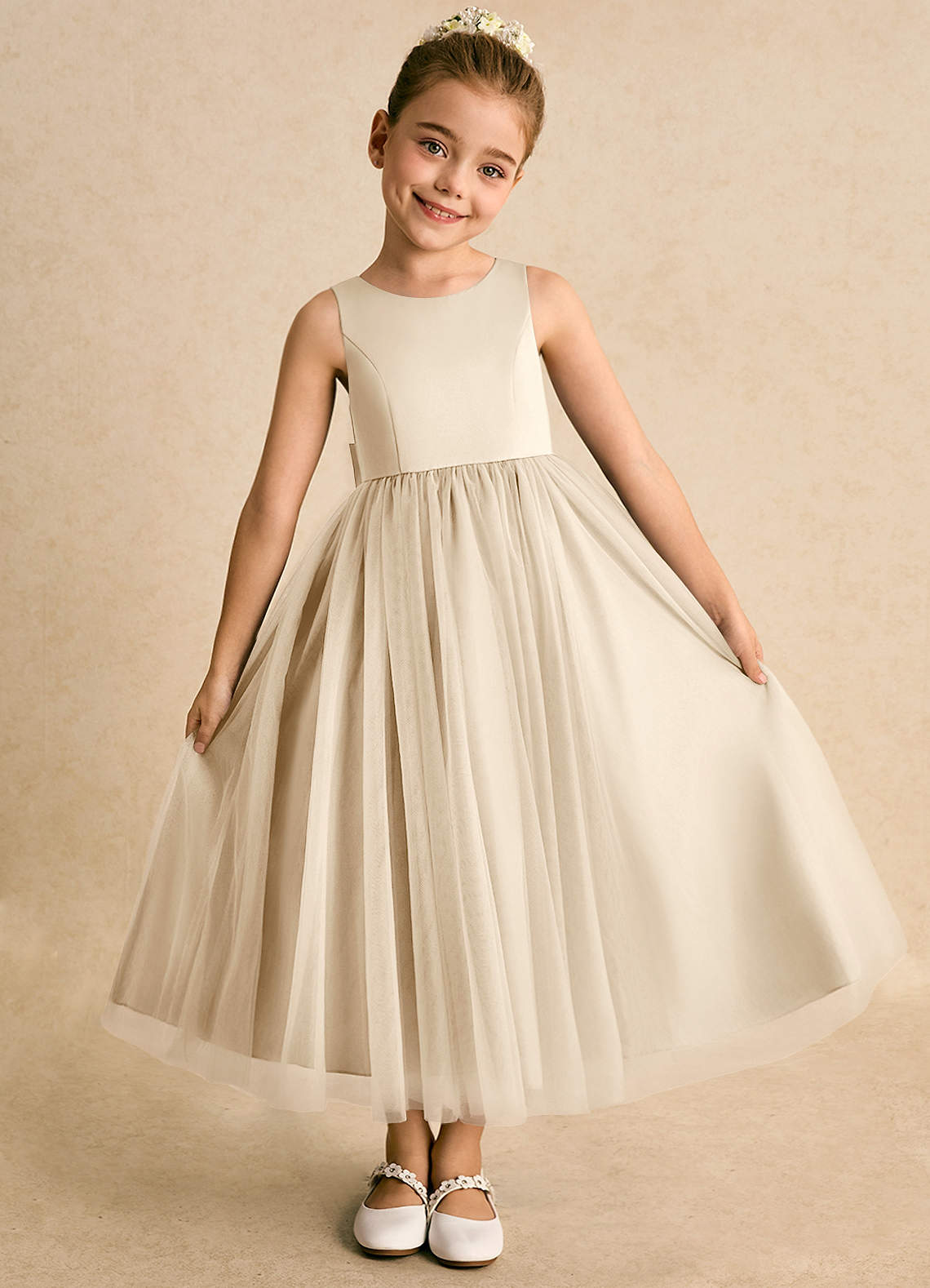 Azazie Solia Robe Demoiselle D'honneur Fillette Robe Princesse en Tulle Arc Champagne image4
