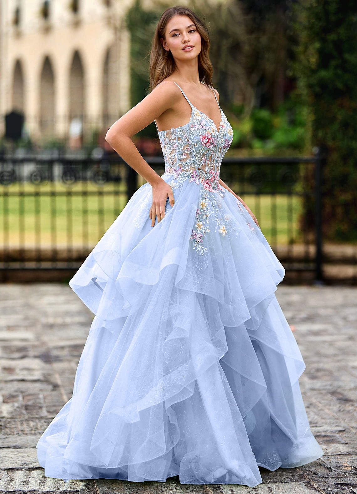 Azazie Sky Blue Beading Lace Up V Neck Formal Dress