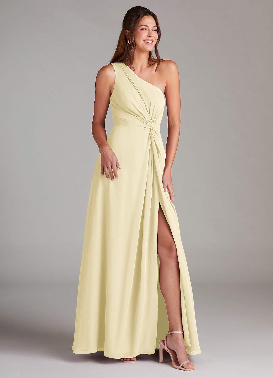 Azazie Brooke Bridesmaid Dresses Lemon Sorbet A-Line One Shoulder Chiffon Dress image3