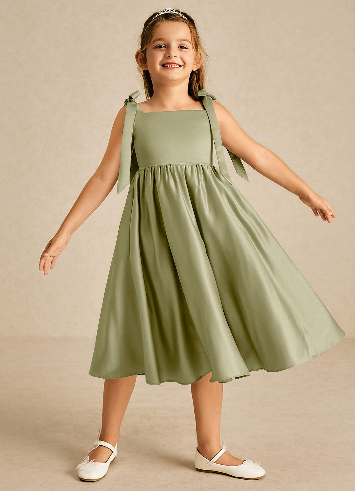 Azazie Chelsie Flower Girl Dresses Moss Green A-Line Bow Matte Satin Dress image1
