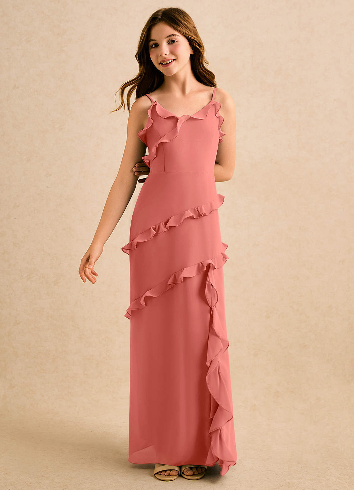 salmon pink formal dresses Azazie A-Line/Princess V-Neck Floor-Length Chiffon Girl Formal Dresses