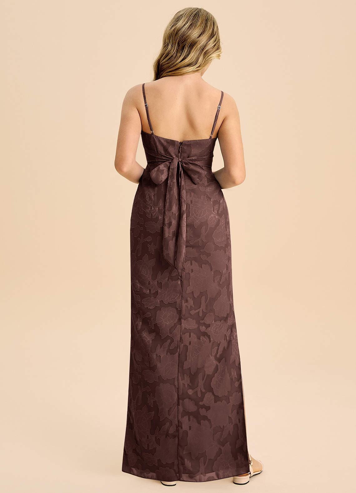 Azazie Mai Junior Espresso Sheath Pleated Floral Burnout Dress image1