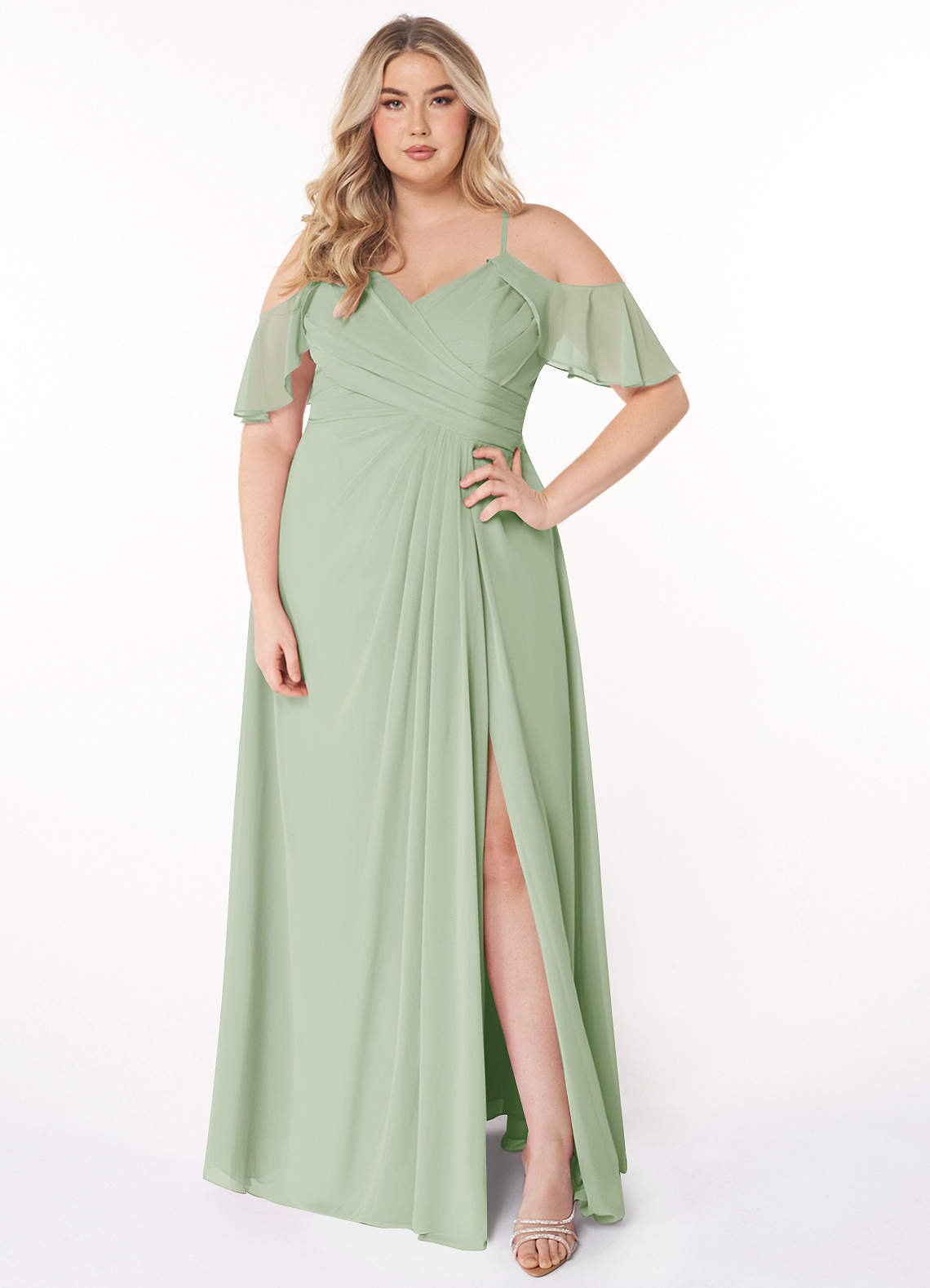 Azazie Dakota At-home Try On Dresses Dusty Sage A-Line V-Neck Pleated Chiffon Dress image5