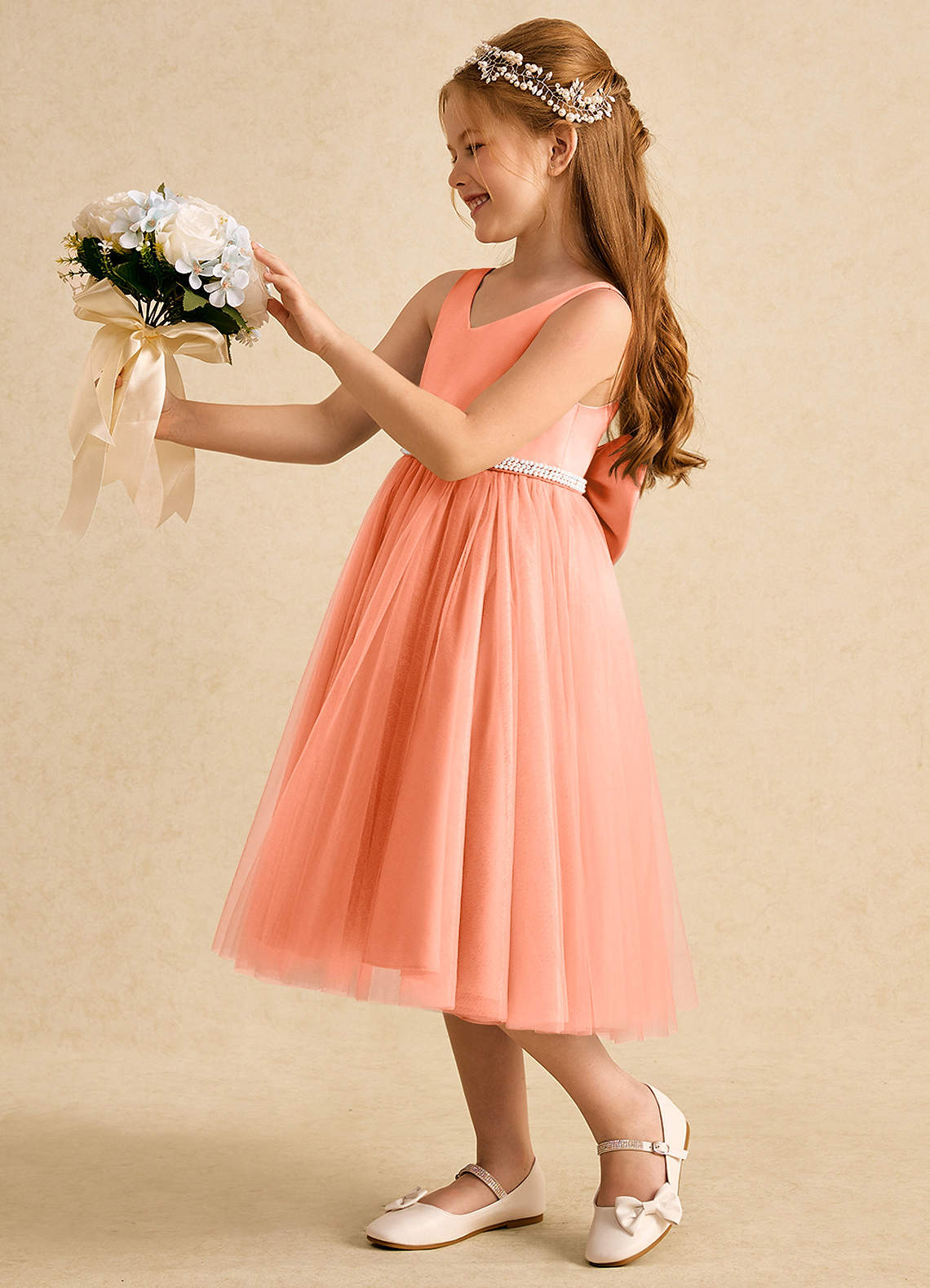 Azazie Firefly Flower Girl Dresses Sunset A-Line Bow Matte Satin Dress image1