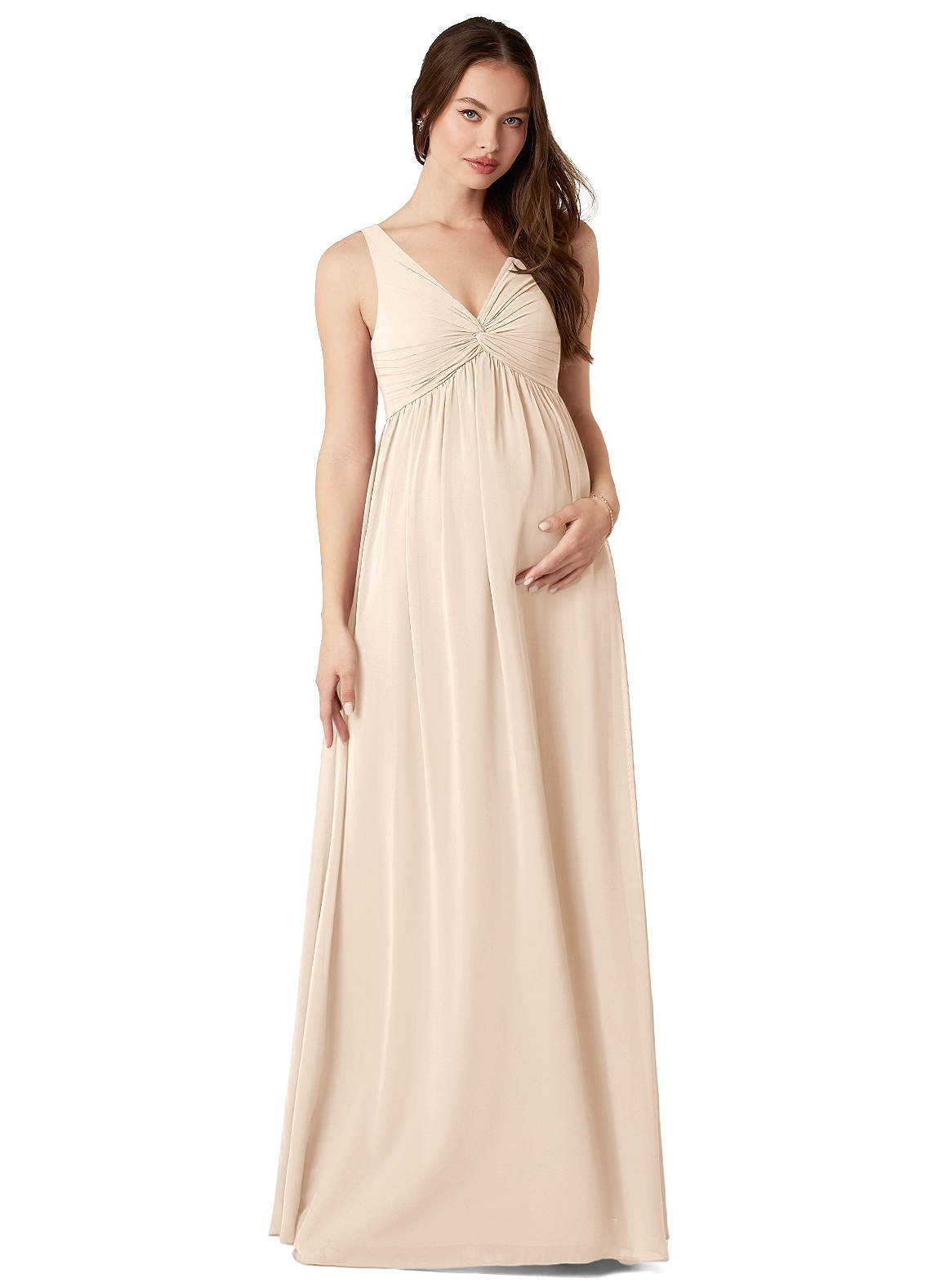 Azazie Yetta Brautjungfernkleider für Schwangere A-Linie V-Hals Versammelt Chiffon Bodenlänge Kleid image1