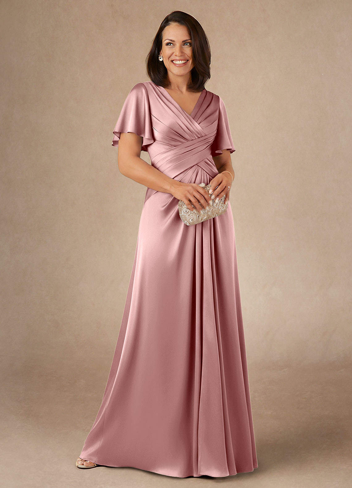 Azazie Emmeline vestidos de madre de la novia Vestido de Rosa Polvorienta de Satén Elástico de Corte en A con Plisado image1