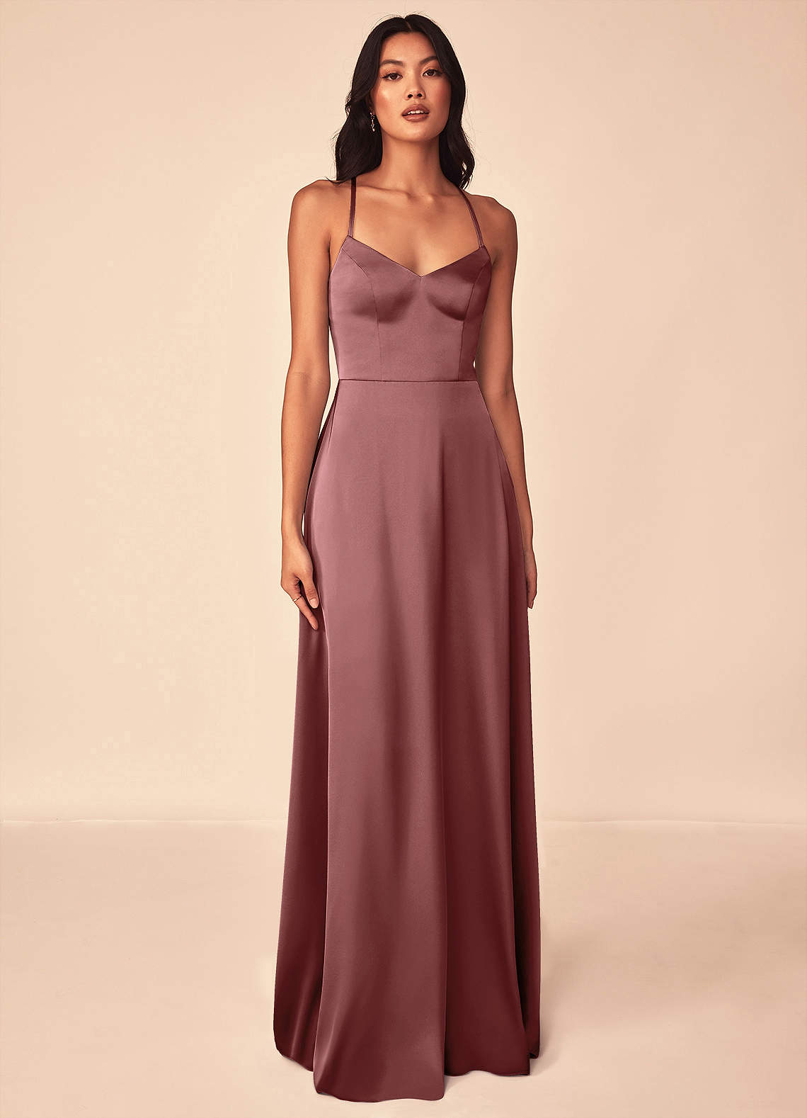 Azazie Mei Robes de demoiselle d'honneur Robe Trapèze en Satin extensible Col en V Améthyste image1
