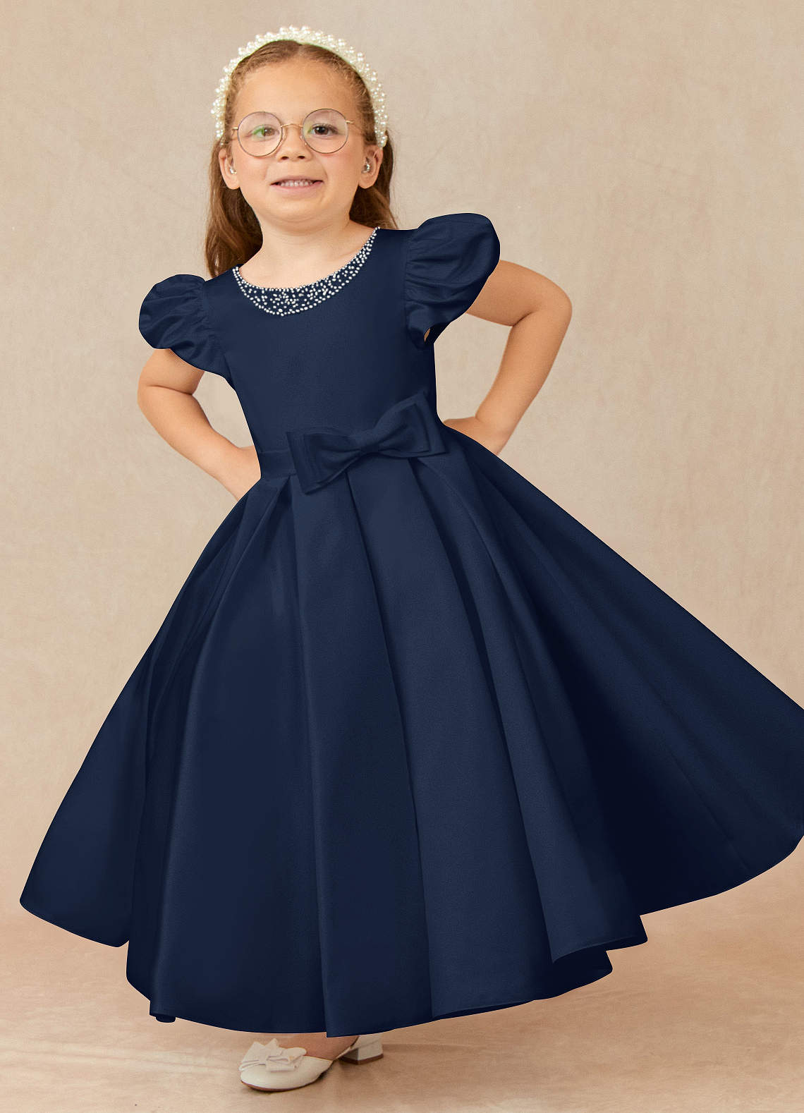 Azazie Jewel vestidos de niña de las flores Vestido de Azul Marino Oscuro de Satin Mate de Princesa con Plisado image1