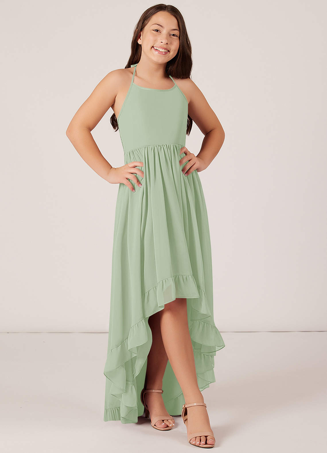 Azazie Sarafina Junior Dusty Sage A-Line Lace Chiffon Dress image1