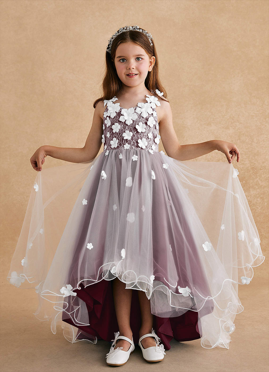 Azazie Celia Flower Girl Dresses Cabernet A-Line Lace Tulle Dress image2