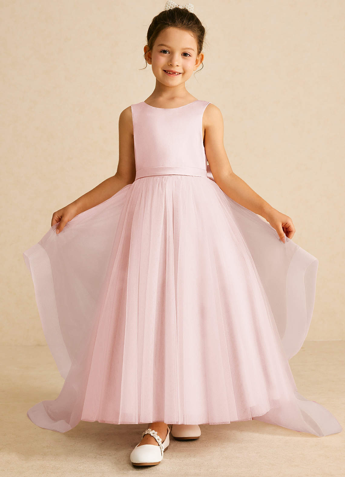 Azazie Pumpkin Flower Girl Dresses Blushing Pink A-Line Bow Tulle Dress image1