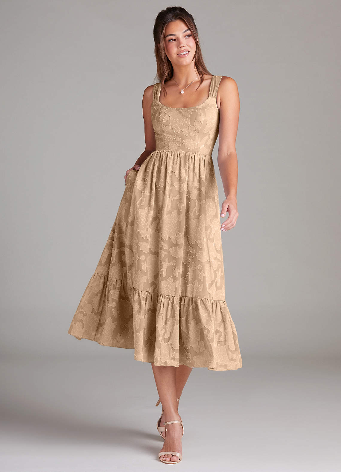 Azazie Alissa Bridesmaid Dresses Champagne A-Line with Pockets Floral Burnout Dress image1