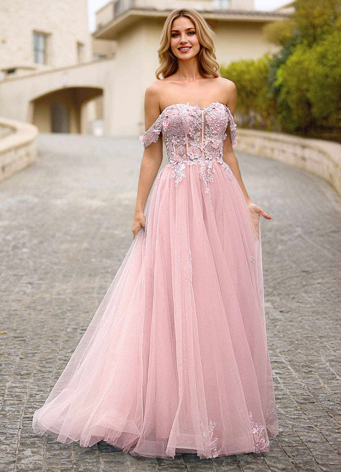 【即日発送】Rosaline Lace Trimmed Dress Eleanor Pink 3D Floral Lace Prom Dress Ready to Ship | Azazie
