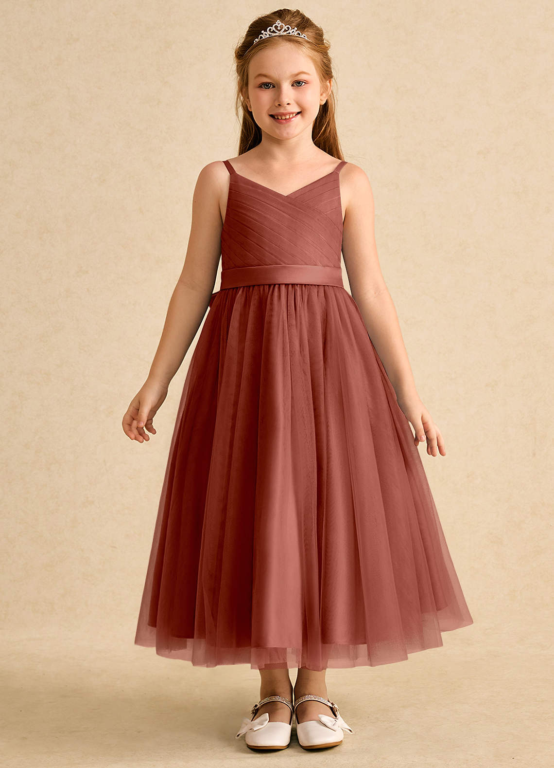Azazie Patootie vestidos de niña de las flores Vestido de Castaño de Tul de Corte En A con Tirante Espagueti image1