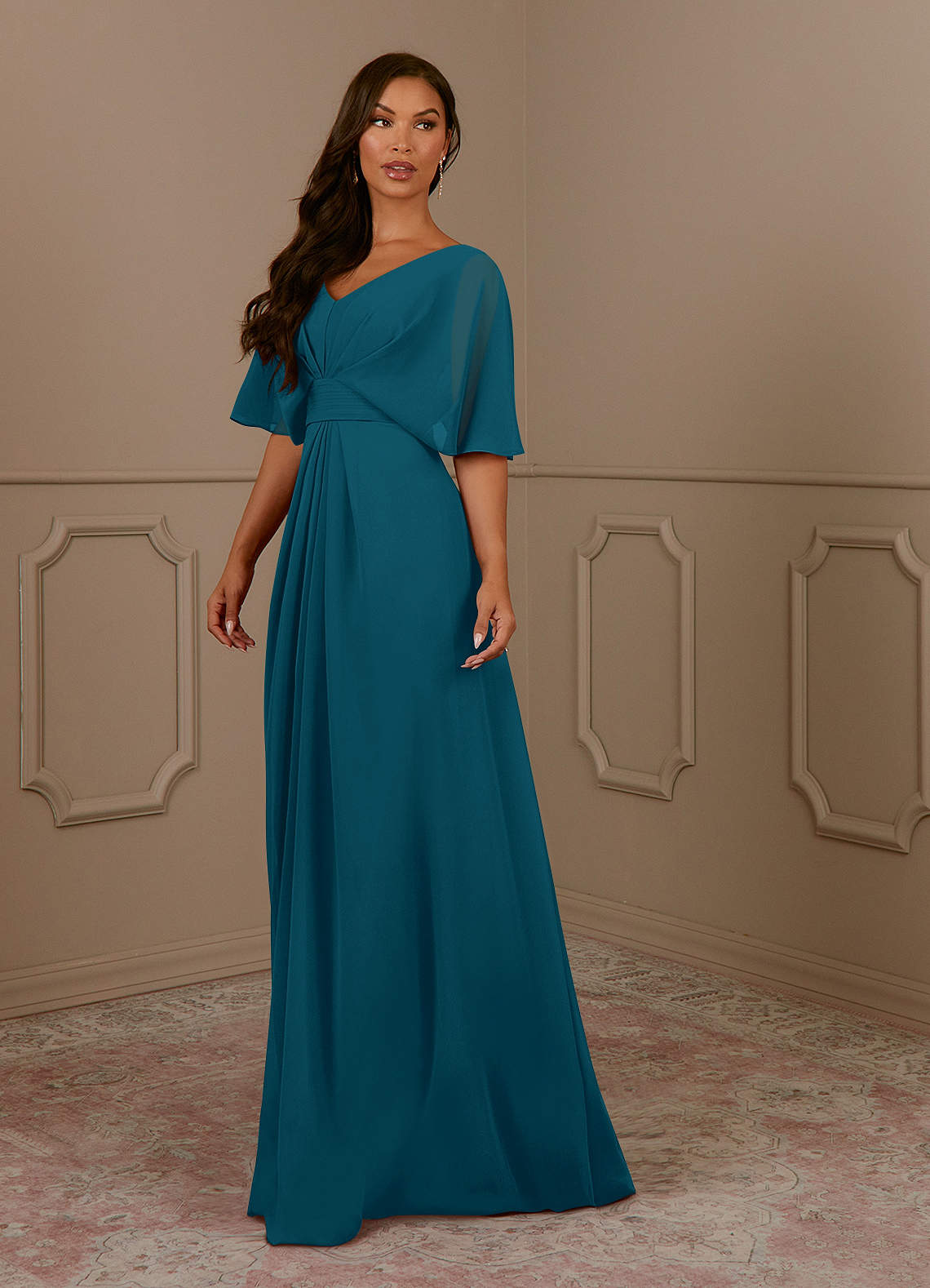 Azazie Oksana vestidos de madre de la novia Vestido de Azul Tinta de Gasa de Corte En A con Cuello en V Plisado image1