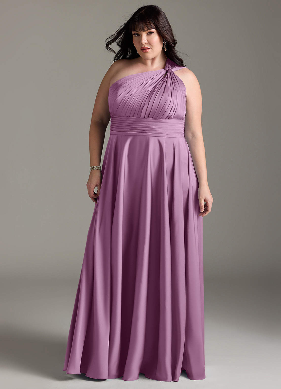 Azazie Charlize Bridesmaid Dresses Wisteria A-Line One Shoulder Stretch Satin Dress image12