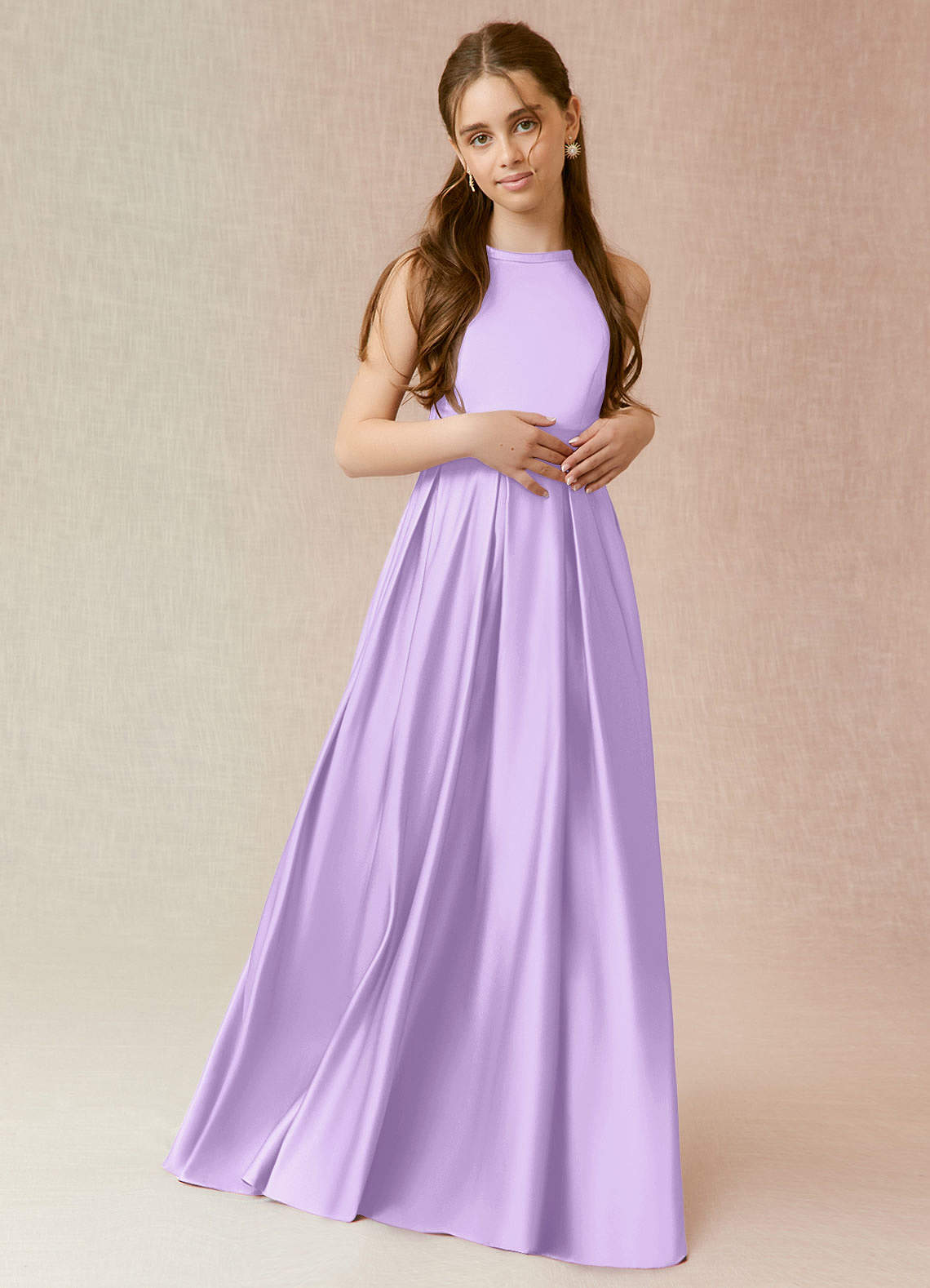 Azazie Arianthe Junior Vestido de Lila de Satén Elástico de Corte en A con Con bolsillos image1