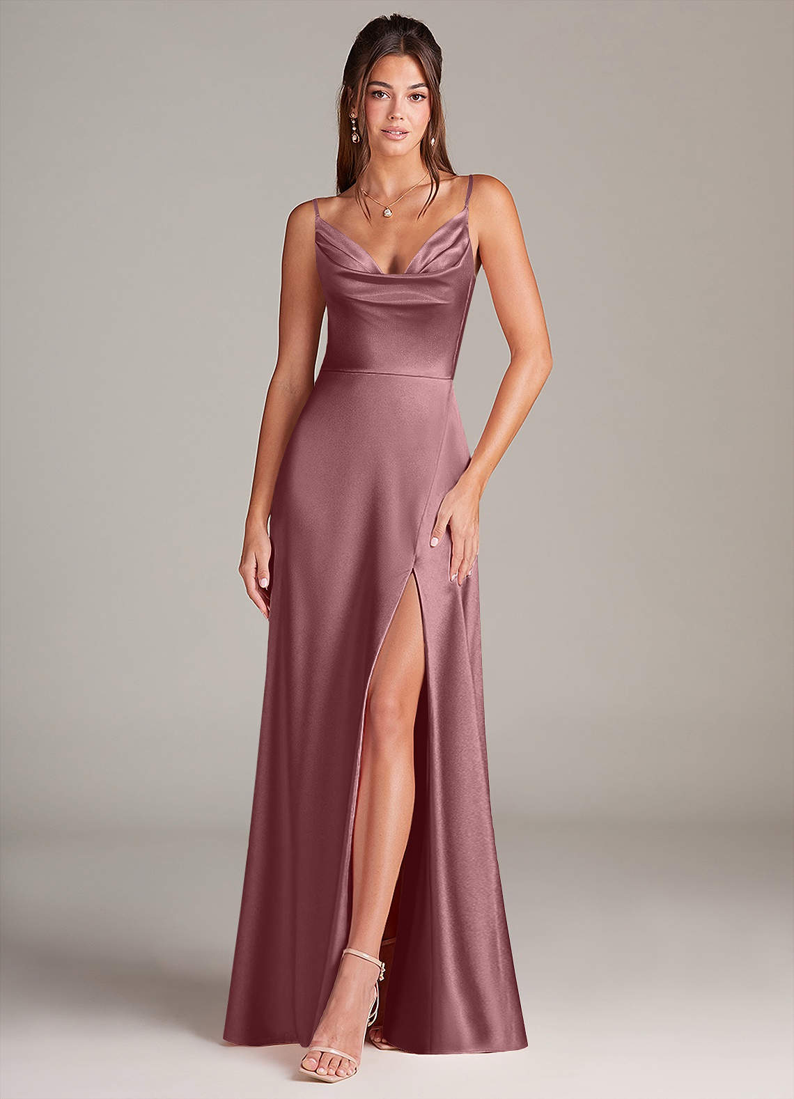 Azazie Sarella Brautjungfernkleider A-Linie mit Taschen Metallischer Satin Kleid Vintage Mauve image1
