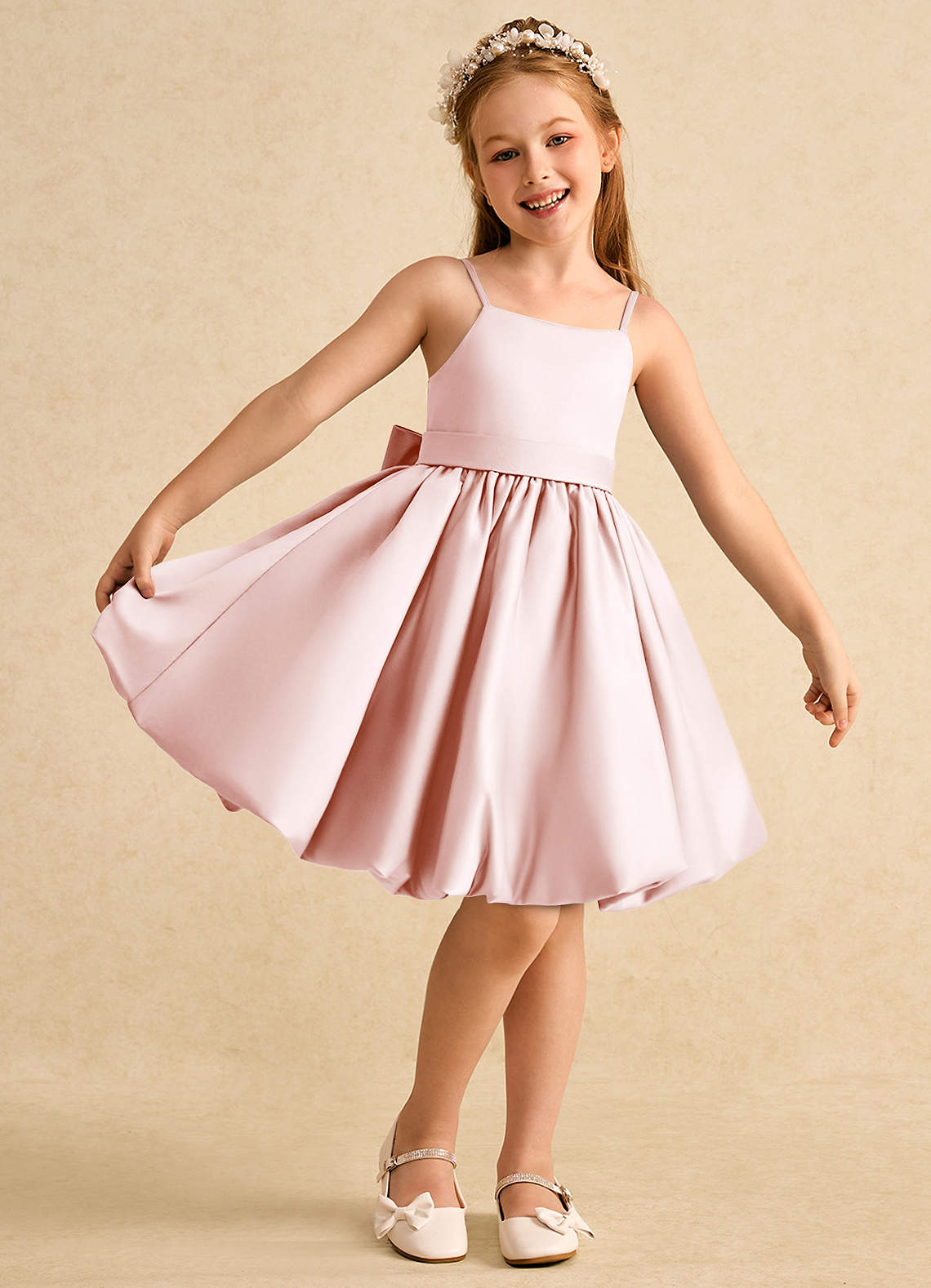 Azazie Davine vestidos de niña de las flores Vestido de Rosa Rubor de Satin Mate de Corte En A con Tirante Espagueti image1