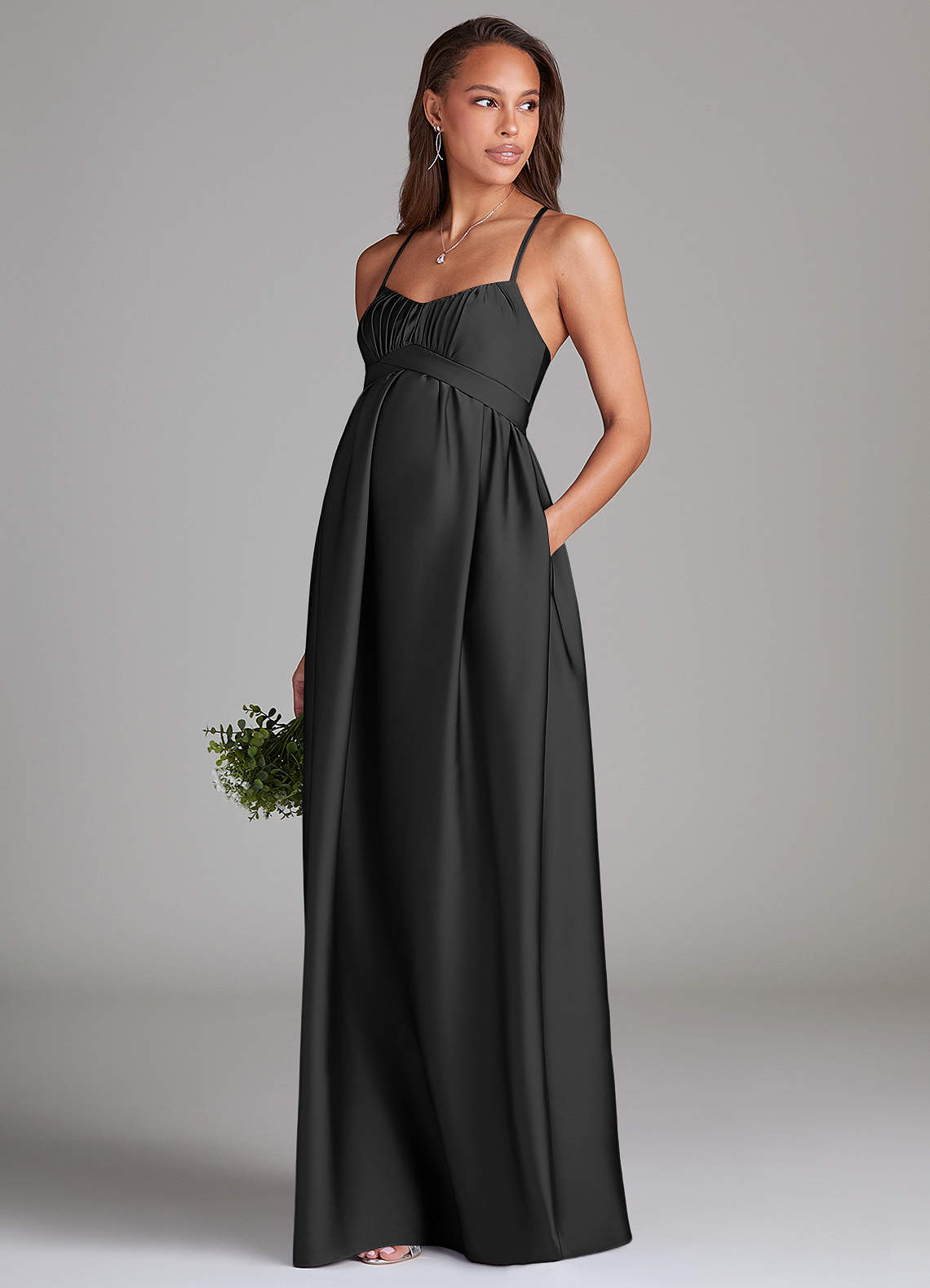 Azazie Llana Maternity Bridesmaid Dresses A-Line Stretch Satin Floor-Length Dress with Pockets image2