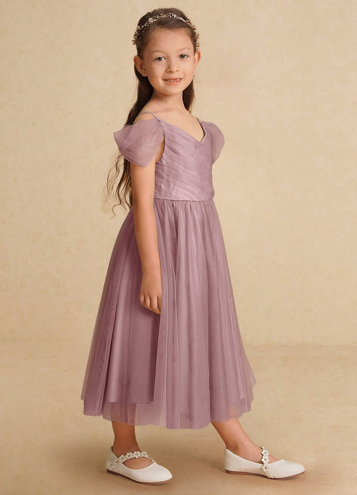 Azazie Lizzette Flower Girl Dresses Dusty Rose A-Line Ruched Tulle Dress image1