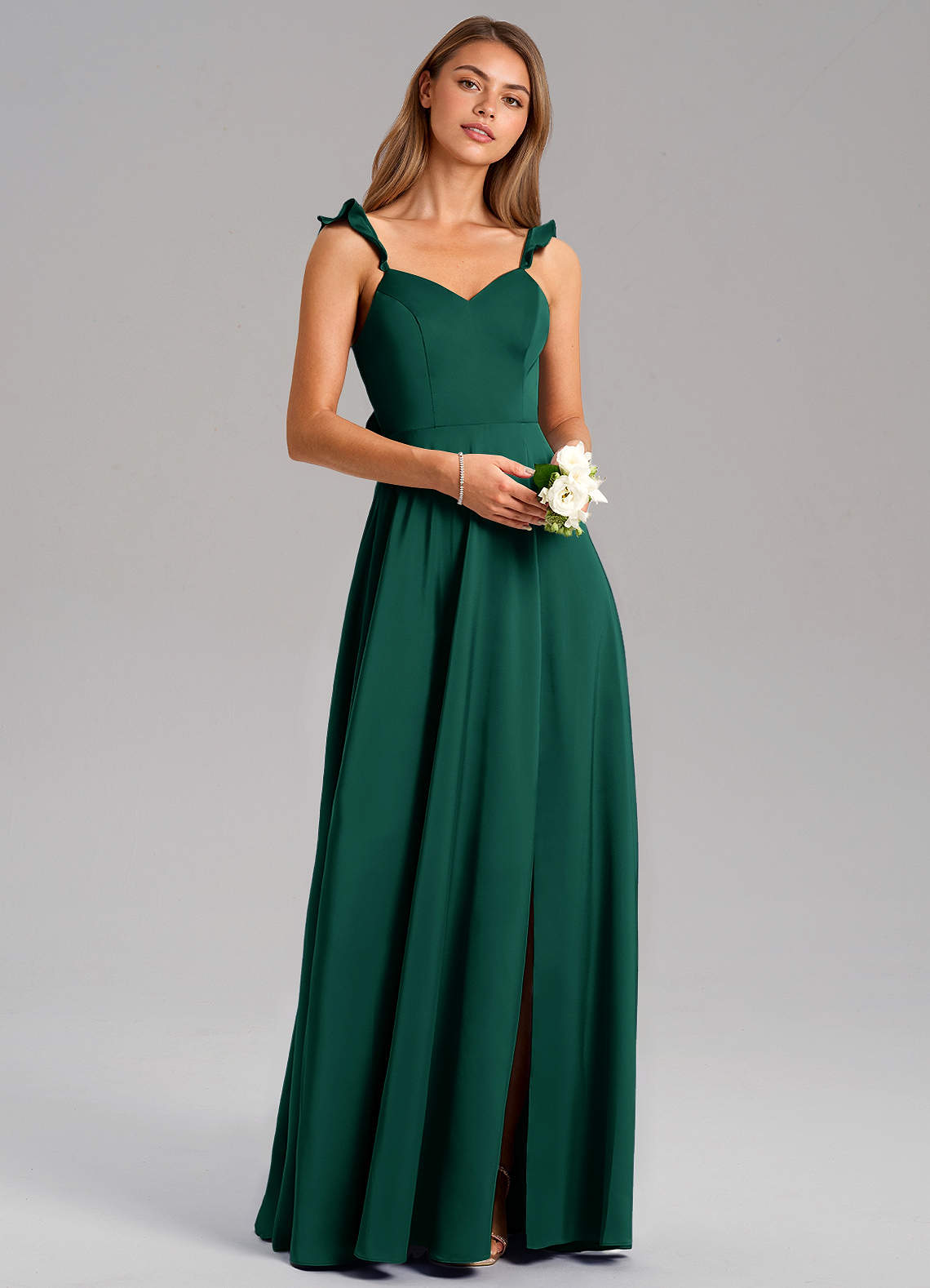 Azazie Everett Bridesmaid Dresses Emerald A-Line Stretch Satin Dress image1