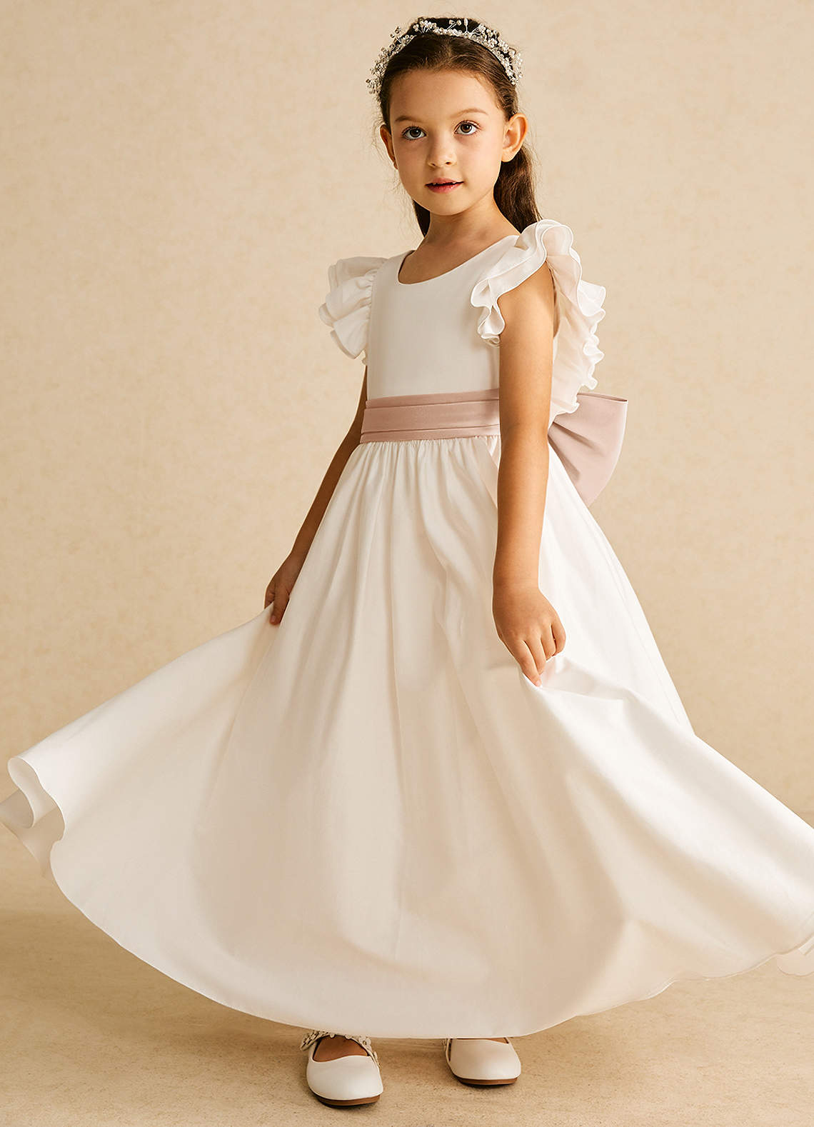 Azazie Aero Flower Girl Dresses Ivory English Rose A-Line Pleated Cotton Dress image1