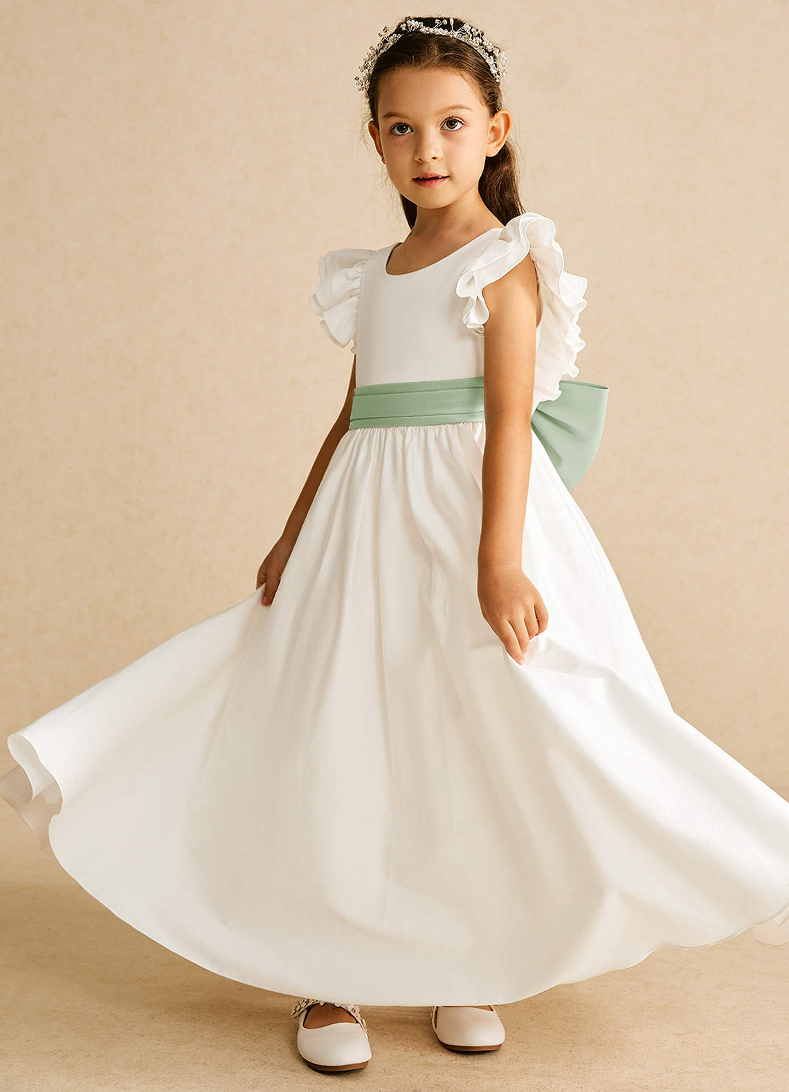Azazie Aero Flower Girl Dresses Ivory Dusty Sage A-Line Pleated Cotton Dress image1