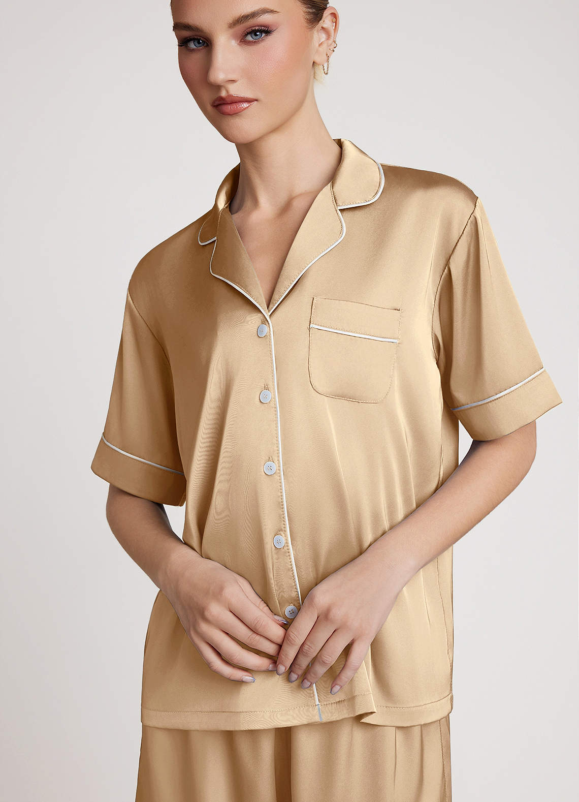 front Satin Contrast Piping Pajama Set