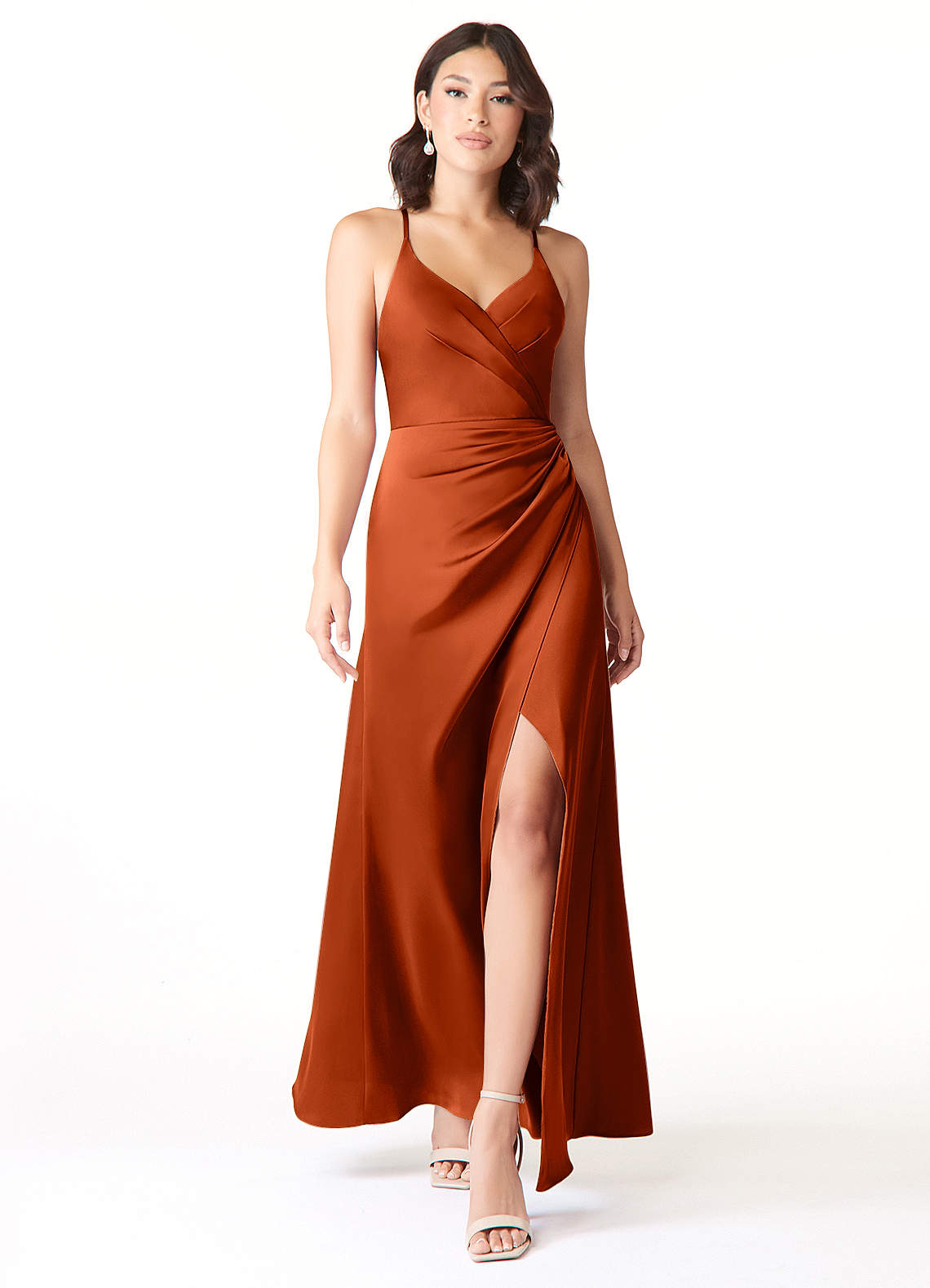 Azazie Geanna Bridesmaid Dresses Paprika Sheath V-Neck Pleated Stretch Satin Dress image1