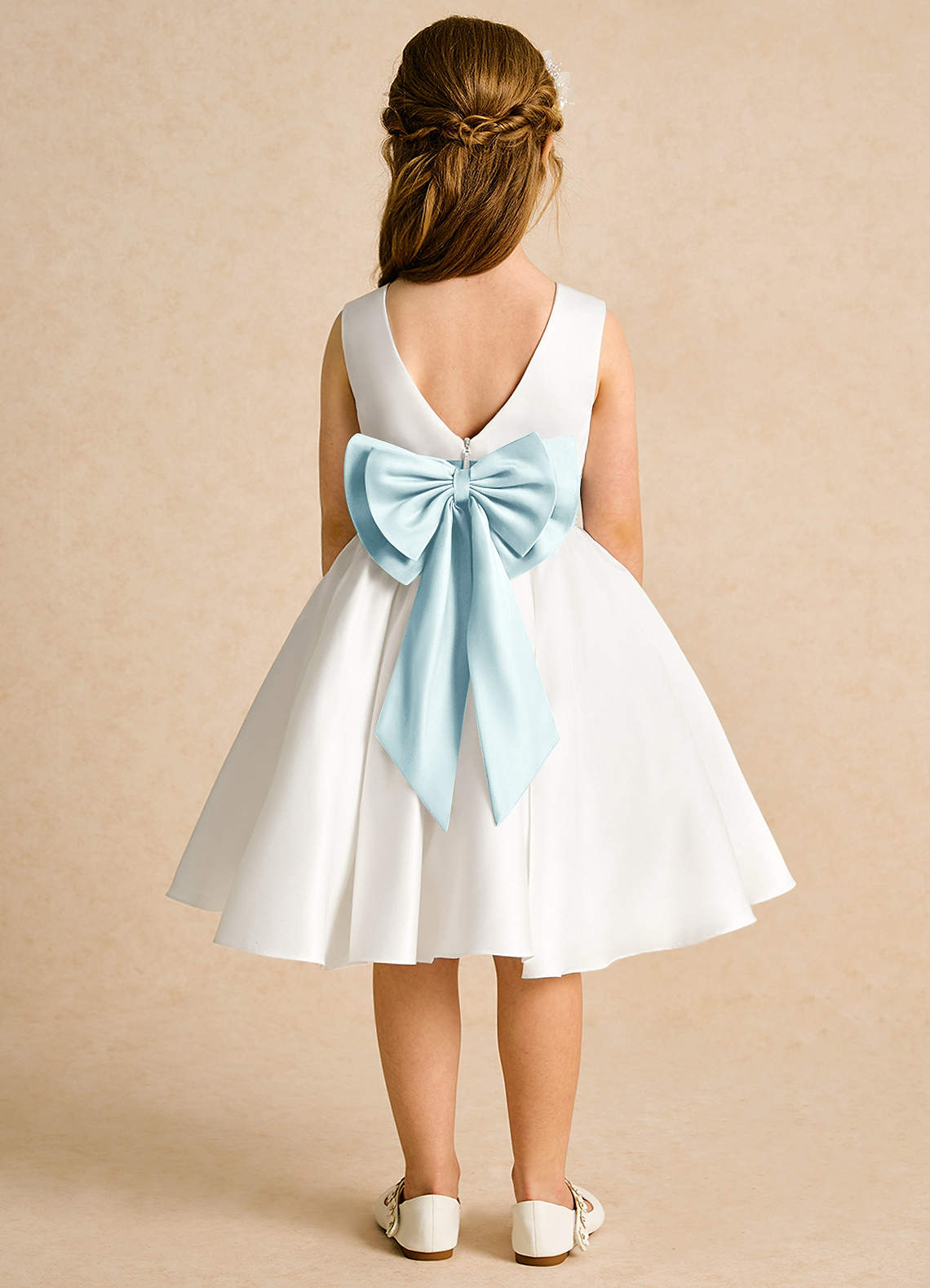 Azazie Sosie Blumenmädchenkleider A-Linie Plissee Matte Satin Kleid Elfenbein Seeglas Blau image1