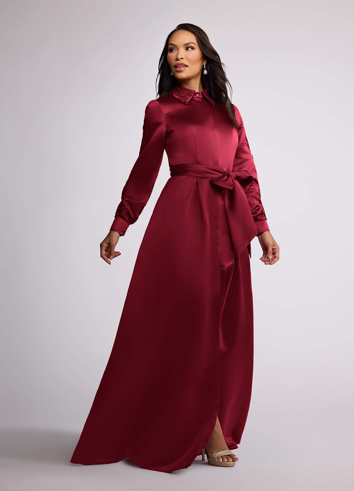 Azazie Ruth Mother of the Bride Dresses Burgundy A-Line Lace Matte Satin Dress image1