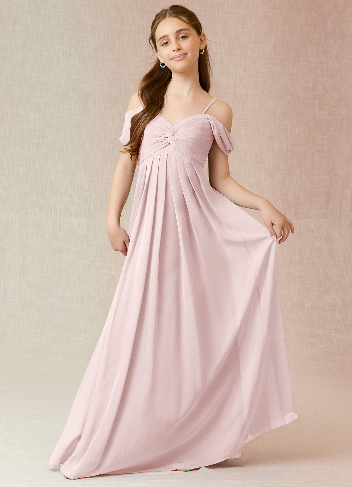 Azazie A-Line/Princess Off The Shoulder Floor-Length Chiffon Junior Bridesmaid Dresses - Blushing Pink