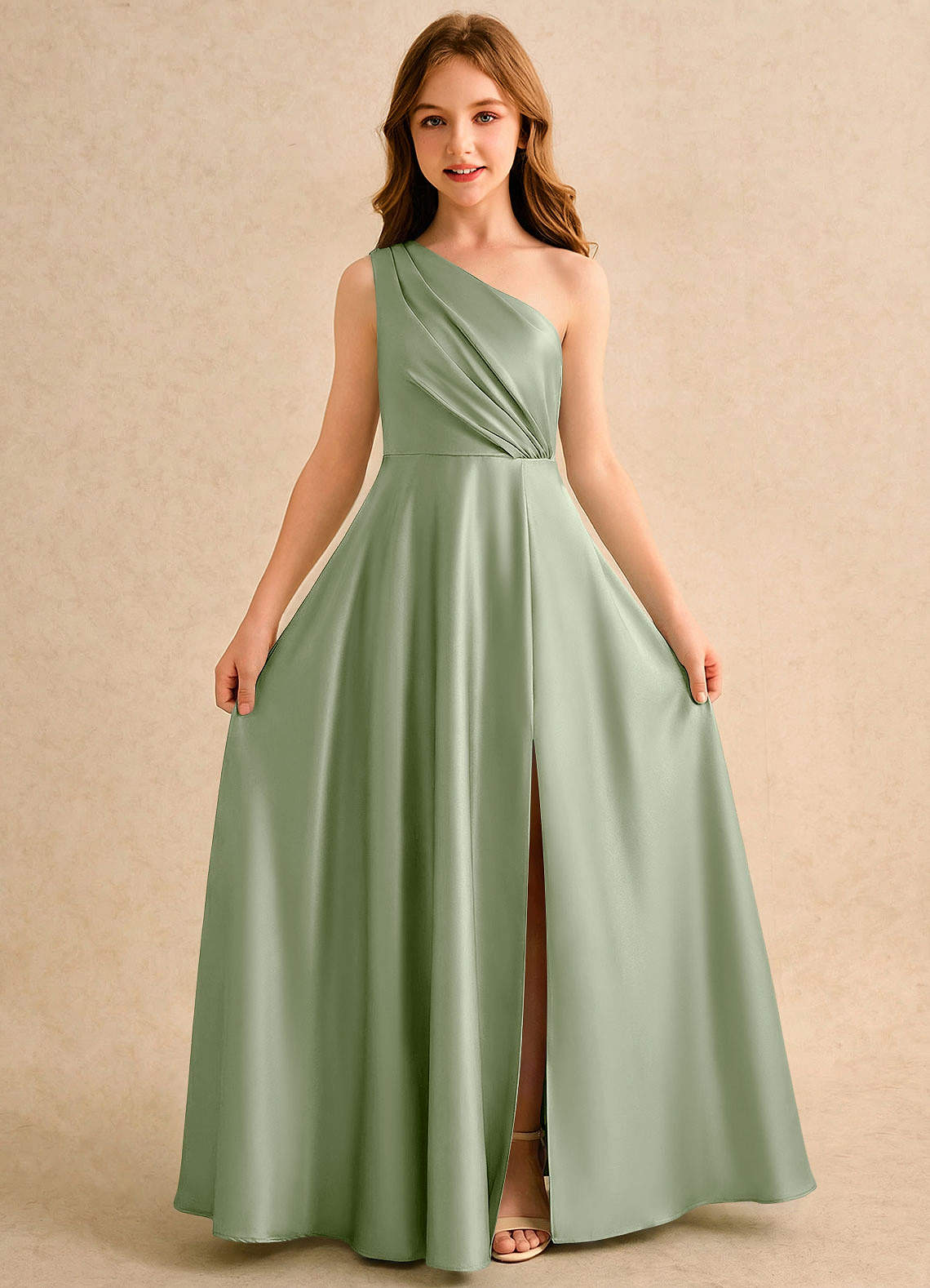 Azazie Puddles Girls Formal Flower Girl Klänningar Klä A-Line i Stretch Satin Ena axeln image4