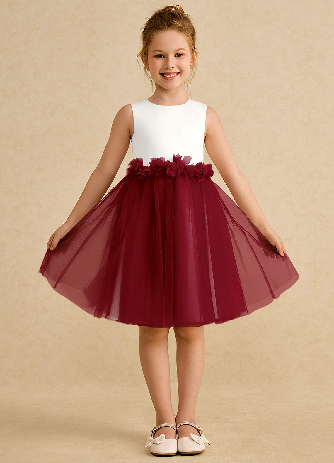 Azazie Louisa vestidos de niña de las flores Vestido de Marfil Burdeos de Tul de Corte En A con Sin mangas image1