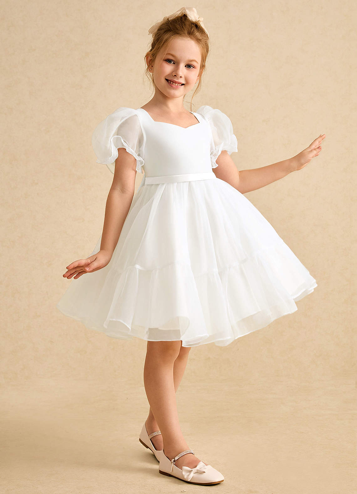 Azazie Debbie Robe Demoiselle D'honneur Fillette Robe Princesse en Organza Encolure en Forme de Cœur Ivoire image3