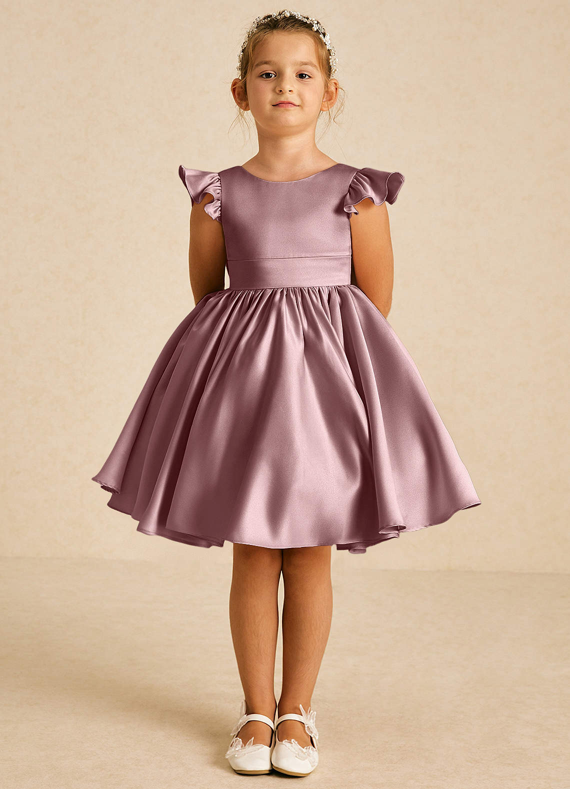 Azazie Tootsie Robe Demoiselle D'honneur Fillette Robe Trapèze en Mat Satiné Arc Rose Poussiéreuse image2