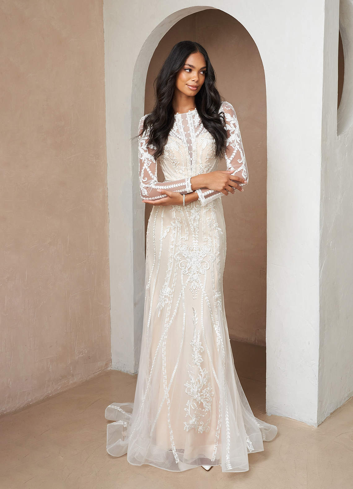 Azazie Yoki Diamond White Ecru Mermaid Scoop Tulle Dress Ready to
