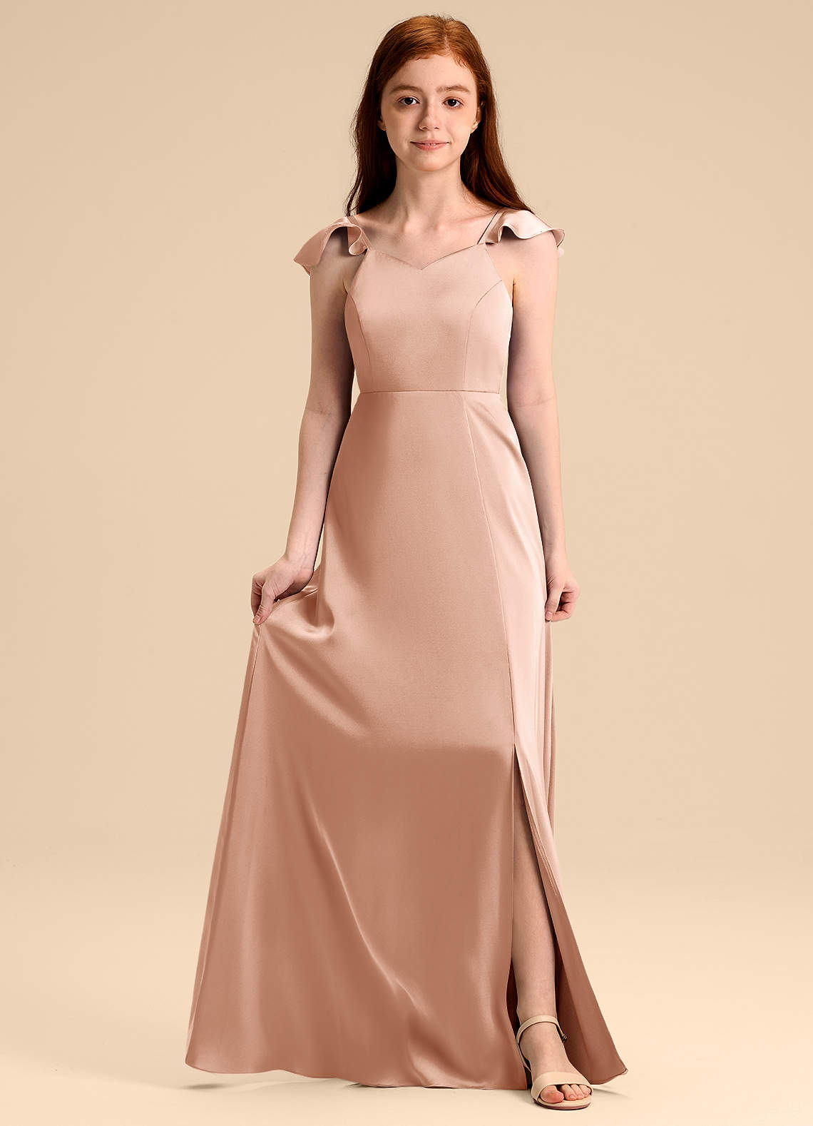 Azazie Everett Junior Rose Gold A-Line Bow Stretch Satin Dress image1