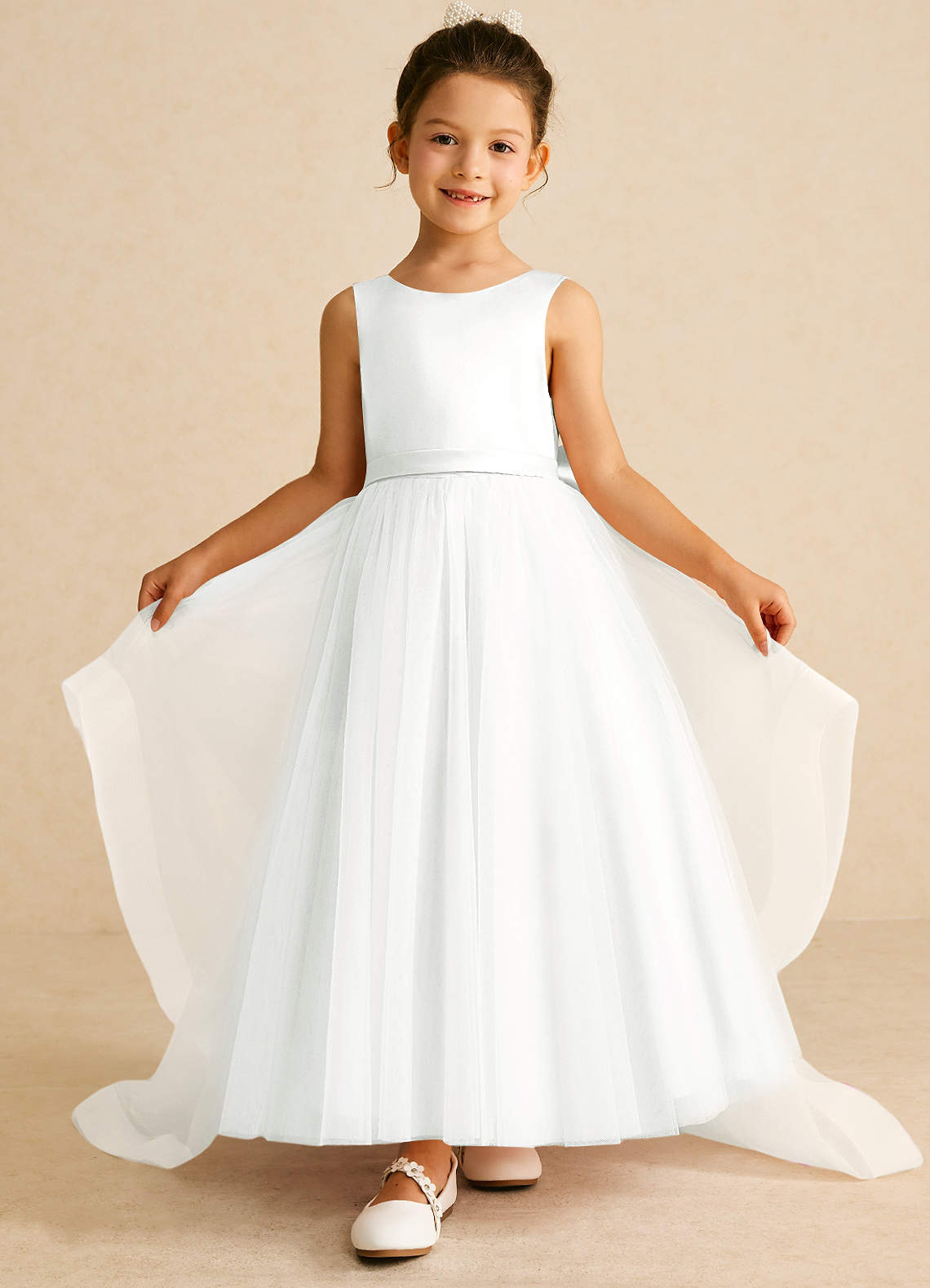 Azazie Pumpkin Flower Girl Dresses Ivory A-Line Bow Tulle Dress image1