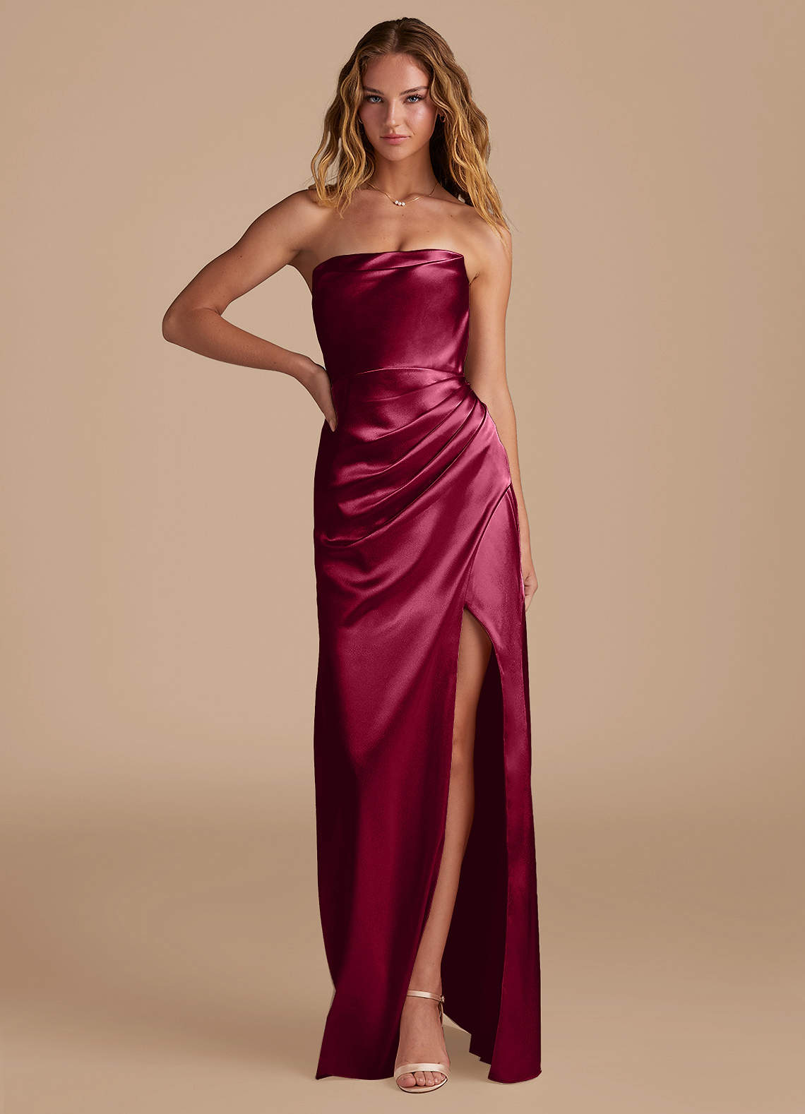 Azazie Leonis Burgundy Metallic Satin Bridesmaid Dresses | Azazie