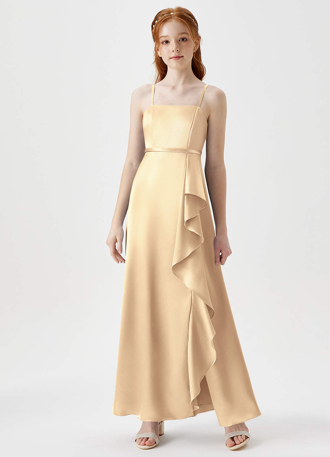 Azazie Kaylee Junior Gold A-Line with Belt Metallic Satin Dress image1