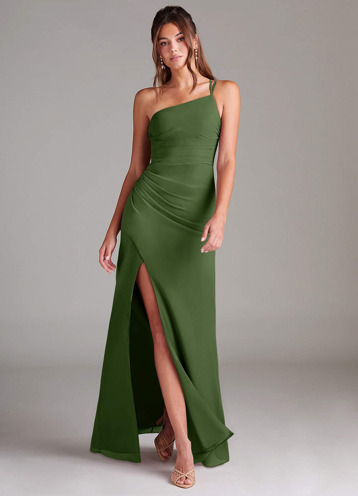 Azazie Eren Bridesmaid Dresses Olive Sheath One Shoulder Chiffon Dress image1