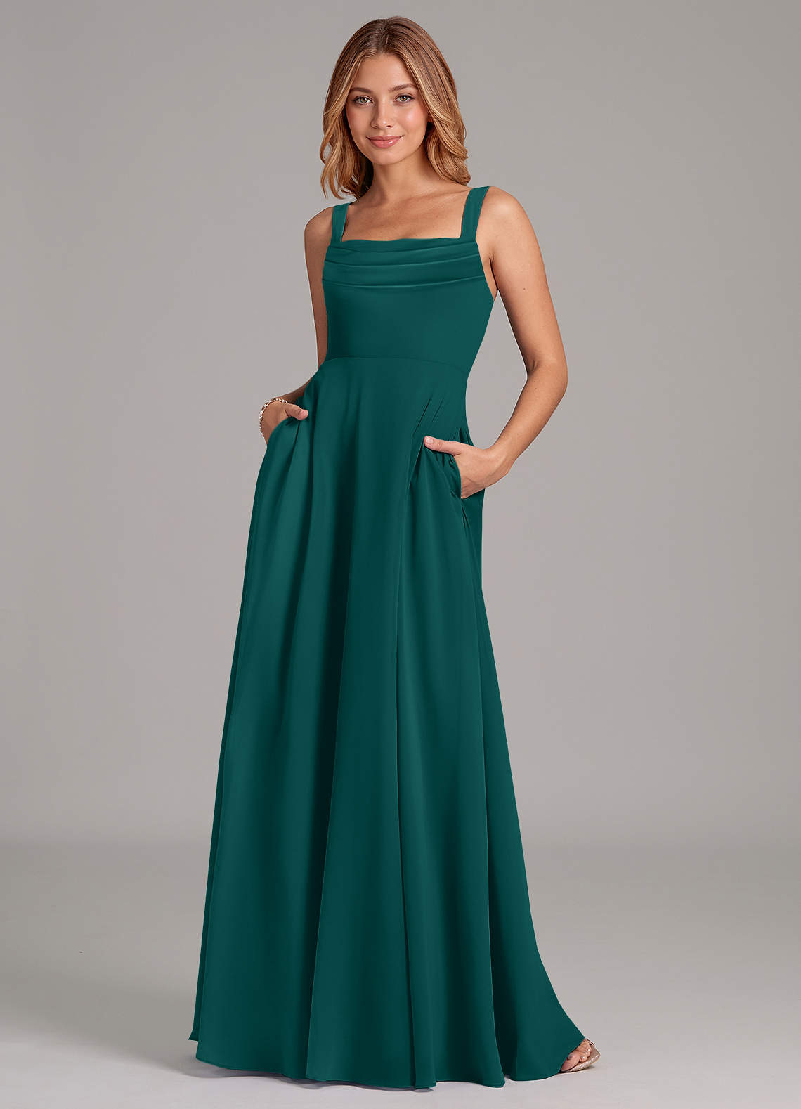 Azazie Shaude Bridesmaid Dresses Peacock A-Line Pleated Chiffon Dress image1