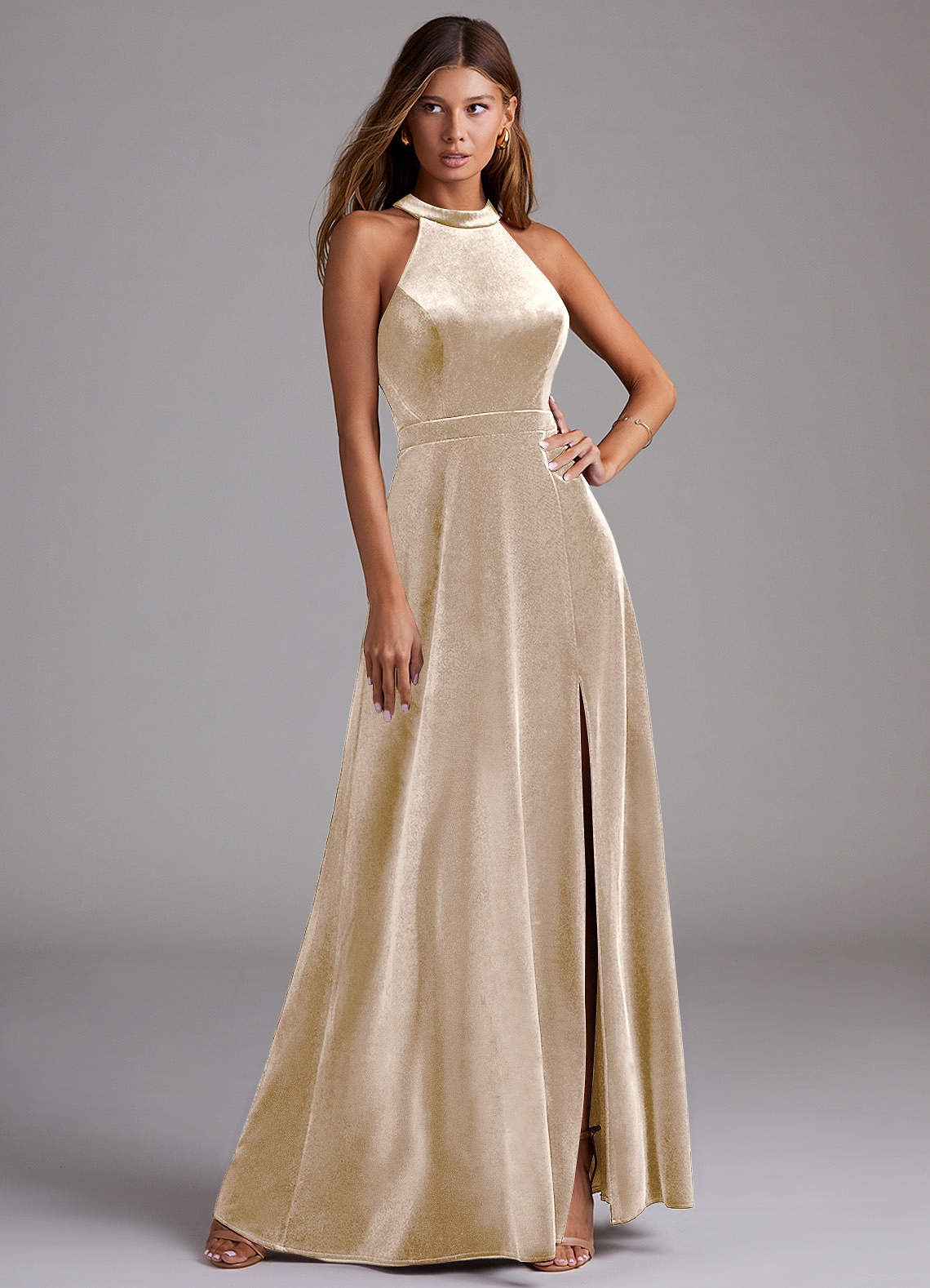 Azazie Clarice Bridesmaid Dresses Champagne A-Line Side Slit Velvet Dress image1