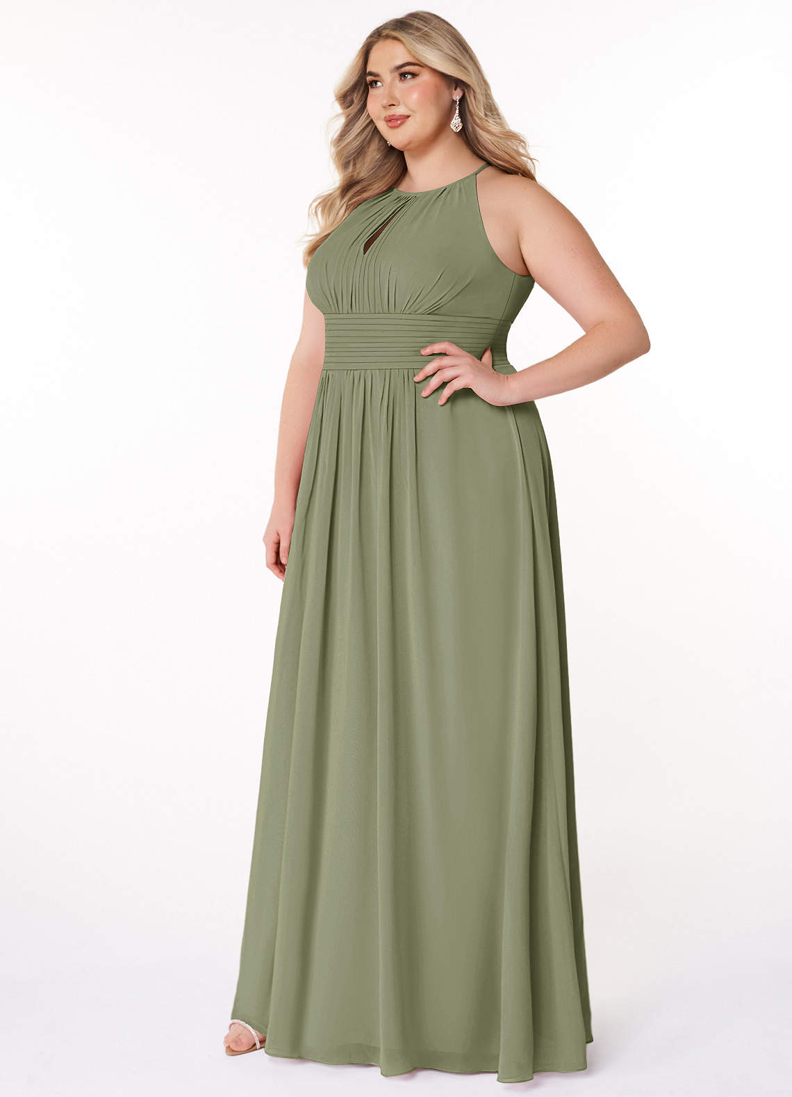 Azazie Bonnie Vestidos de damas de honor Vestido de Pistacho de Gasa de Corte en A con Cuello de pico fruncido image7